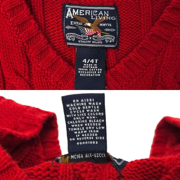 American Living Cable Knit Sweater Vest Boys 4/4T V Neck Pullover Red Eagle Flag - Picture 7 of 11